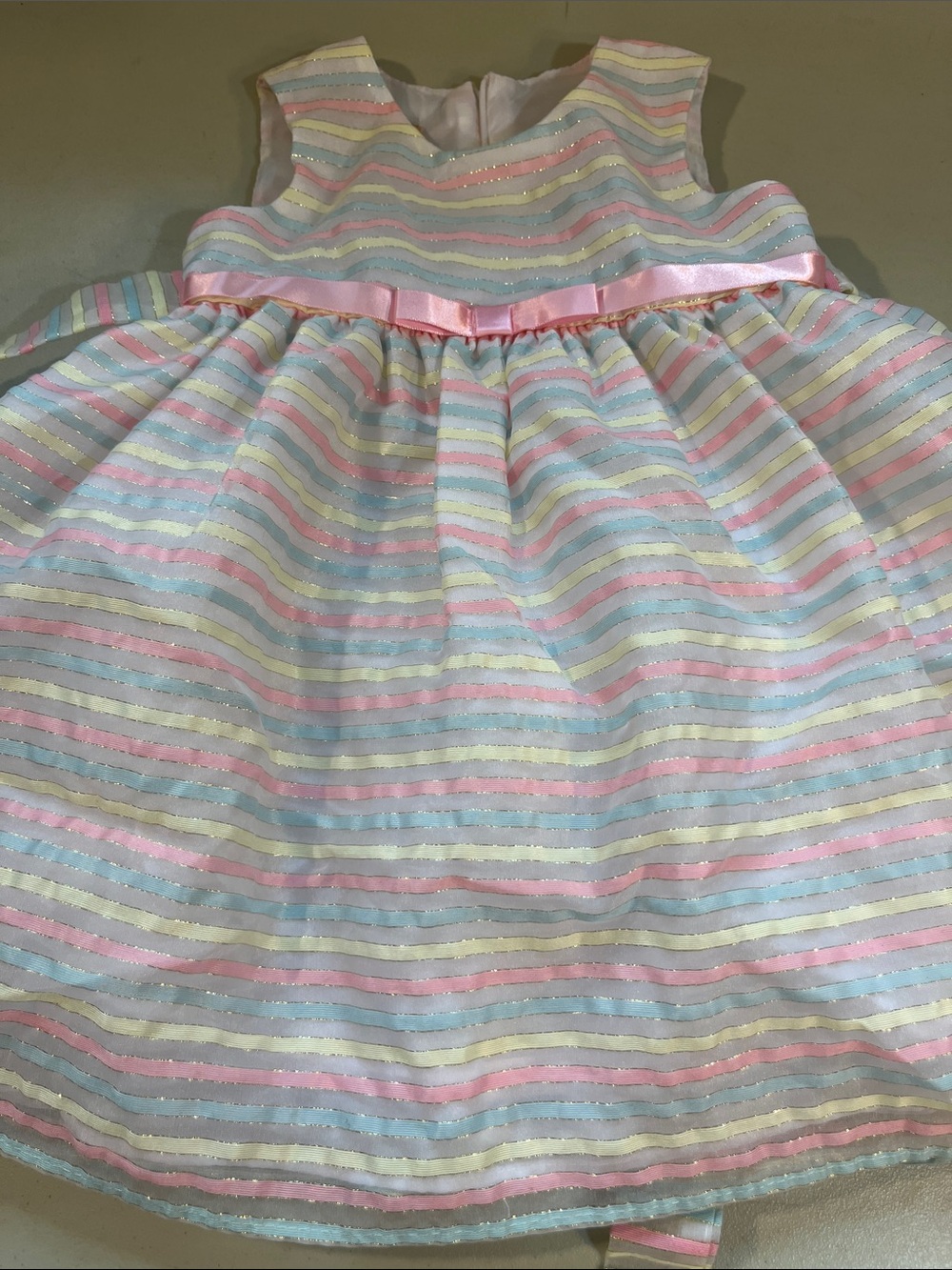 Pastel Striped Party Dress with Pink Ribbon Waist